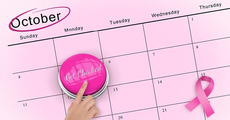 Good oral health can prevent breast cancer. October calendar with a 'get checked' reminder for breast cancer awareness month